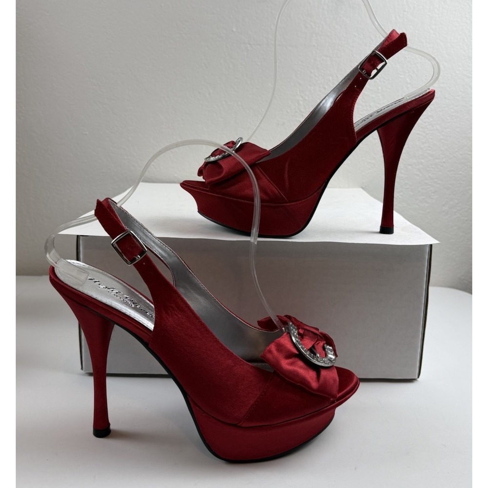 Y2K Night Moves Red Bow Satin Rhinestone Buckle Platform Slingback Heels Size 8 - Picture 5 of 10